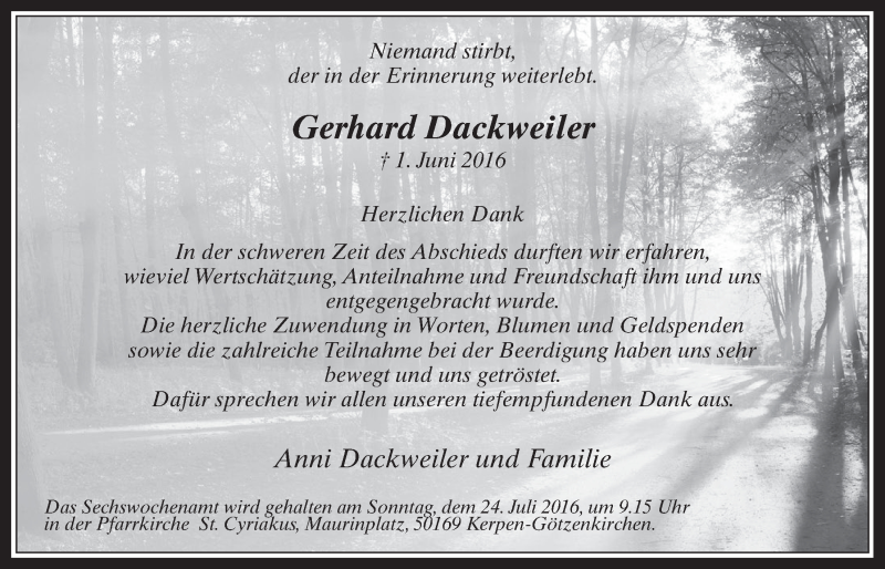  Traueranzeige für Gerhard Dackweiler vom 13.07.2016 aus  Werbepost 
