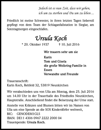 Anzeige von Ursula Koch von Kölner Stadt-Anzeiger / Kölnische Rundschau / Express