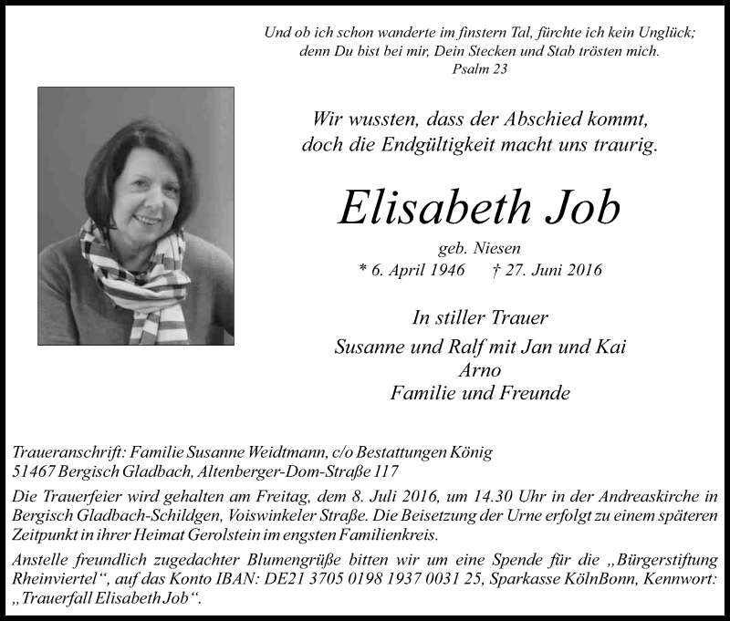  Traueranzeige für Elisabeth Job vom 02.07.2016 aus Kölner Stadt-Anzeiger / Kölnische Rundschau / Express