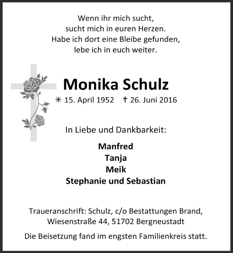  Traueranzeige für Monika Schulz vom 06.07.2016 aus  Anzeigen Echo 