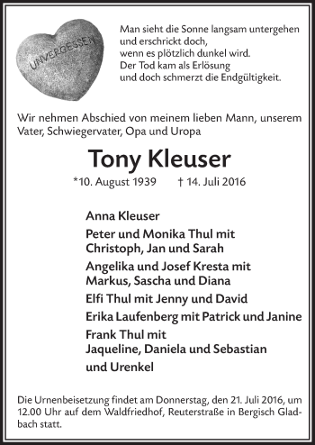 Anzeige von Tony Kleuser von  Bergisches Handelsblatt 