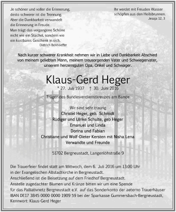 Anzeige von Klaus Heger von Kölner Stadt-Anzeiger / Kölnische Rundschau / Express