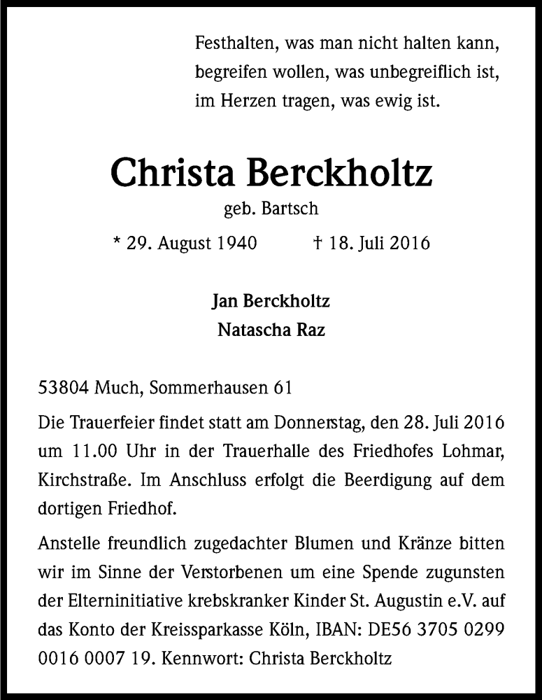  Traueranzeige für Christa Berckholtz vom 23.07.2016 aus Kölner Stadt-Anzeiger / Kölnische Rundschau / Express