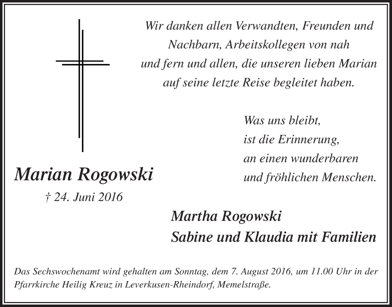  Traueranzeige für Marian Rogowski vom 30.07.2016 aus  Leverkusener Wochenende 