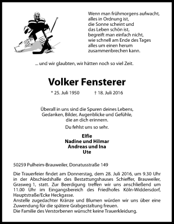 Anzeige von Volker Fensterer von Kölner Stadt-Anzeiger / Kölnische Rundschau / Express