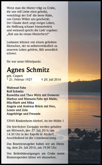 Anzeige von Agnes Schmitz von Kölner Stadt-Anzeiger / Kölnische Rundschau / Express