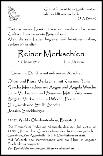Anzeige von Reiner Merkschien von Kölner Stadt-Anzeiger / Kölnische Rundschau / Express
