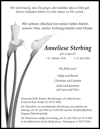 Anzeige von Anneliese Sterbing von Kölner Stadt-Anzeiger / Kölnische Rundschau / Express