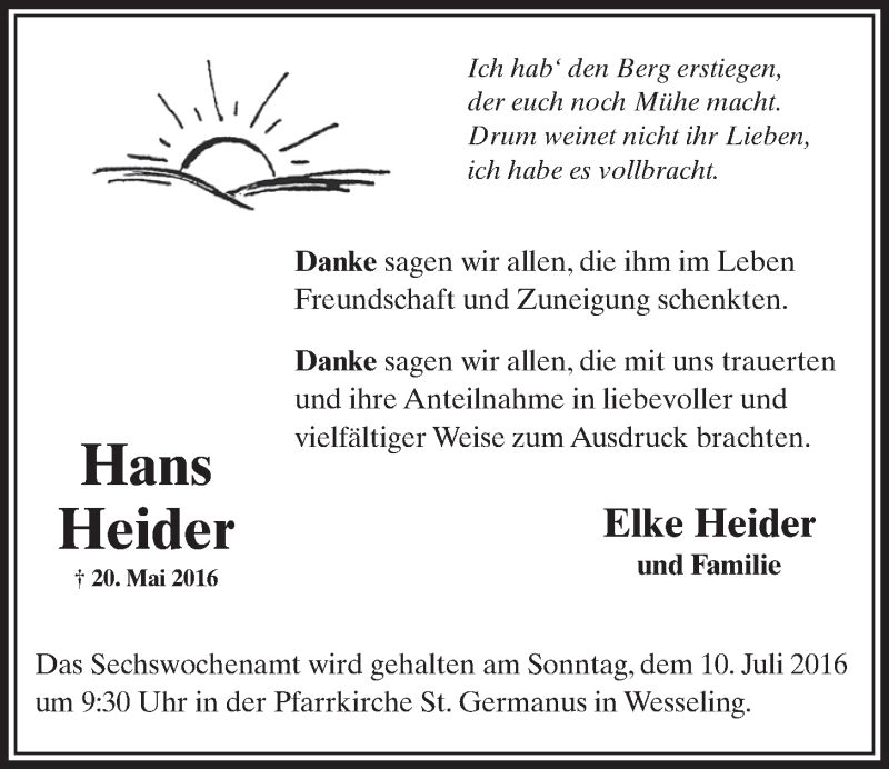  Traueranzeige für Hans Heider vom 06.07.2016 aus  Schlossbote/Werbekurier 