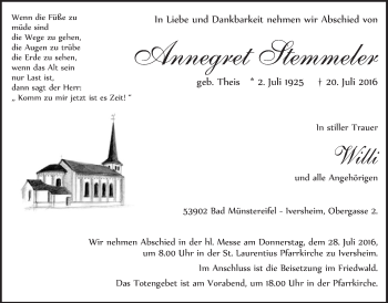 Anzeige von Annegret Stemmeler von  Blickpunkt Euskirchen 