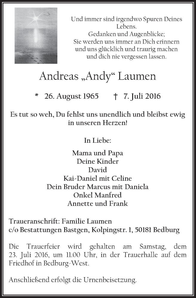  Traueranzeige für Andreas Laumen vom 20.07.2016 aus  Werbepost 
