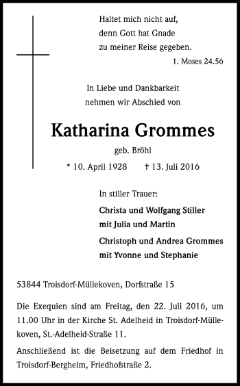 Anzeige von Katharina Grommers von Kölner Stadt-Anzeiger / Kölnische Rundschau / Express