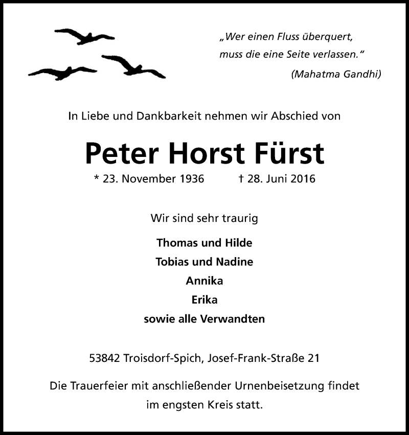  Traueranzeige für Peter Horst Fürst vom 09.07.2016 aus Kölner Stadt-Anzeiger / Kölnische Rundschau / Express