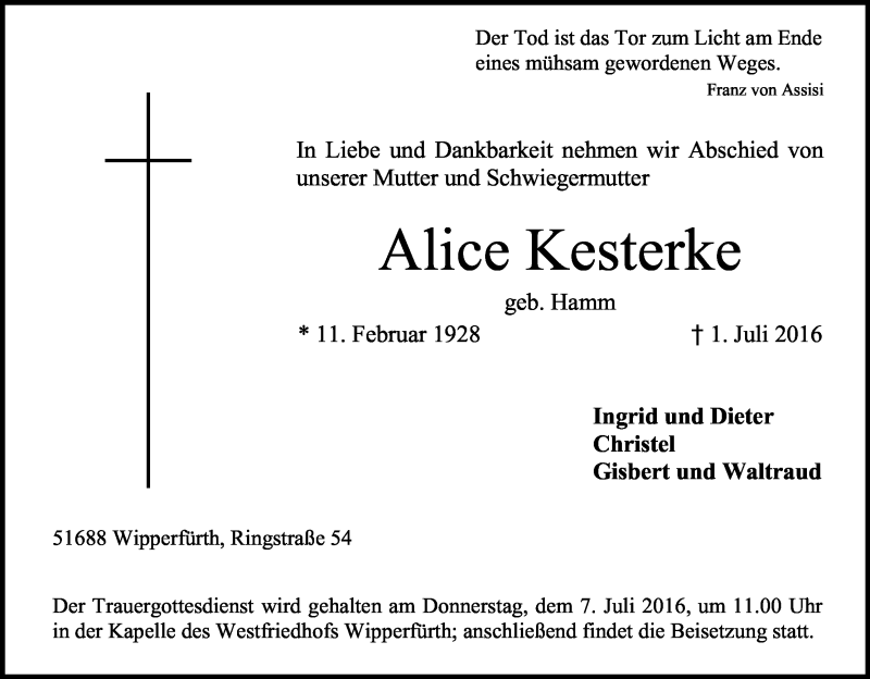  Traueranzeige für Alice Kesterke vom 04.07.2016 aus Kölner Stadt-Anzeiger / Kölnische Rundschau / Express