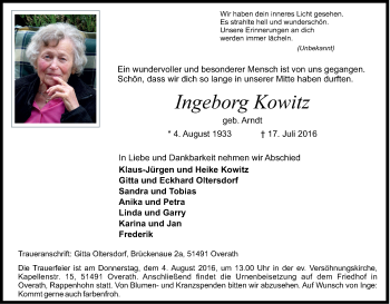 Anzeige von Ingeborg Kowitz von Kölner Stadt-Anzeiger / Kölnische Rundschau / Express