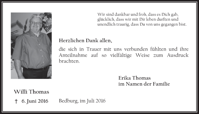  Traueranzeige für Willi Thomas vom 06.07.2016 aus  Werbepost 