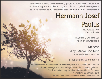 Anzeige von Hermann Josef Paulus von  Blickpunkt Euskirchen 