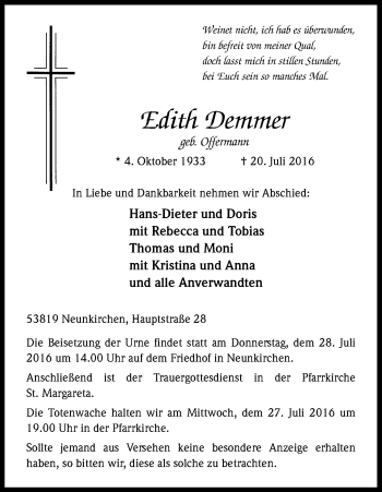 Anzeige von Edith Demmer von Kölner Stadt-Anzeiger / Kölnische Rundschau / Express