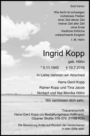 Anzeige von Ingrid Kopp von Kölner Stadt-Anzeiger / Kölnische Rundschau / Express