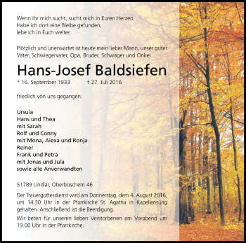 Anzeige von Hans-Josef Baldsiefen von Kölner Stadt-Anzeiger / Kölnische Rundschau / Express