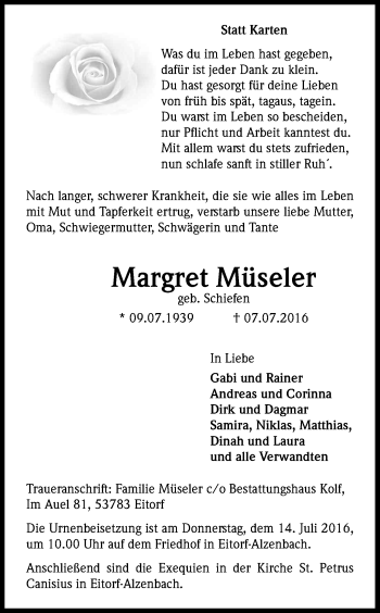 Anzeige von Margret Müseler von Kölner Stadt-Anzeiger / Kölnische Rundschau / Express