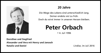 Anzeige von Peter Orbach von Kölner Stadt-Anzeiger / Kölnische Rundschau / Express