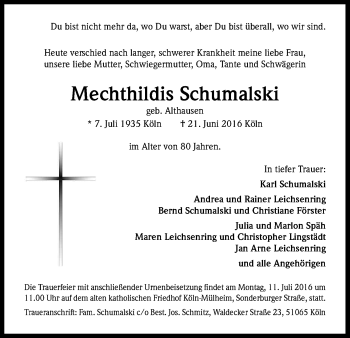 Anzeige von Mechthildis Schumalski von Kölner Stadt-Anzeiger / Kölnische Rundschau / Express