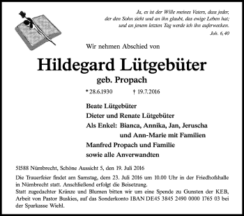 Anzeige von Hildegard Lütgebüter von Kölner Stadt-Anzeiger / Kölnische Rundschau / Express