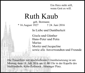 Anzeige von Ruth Kaub von Kölner Stadt-Anzeiger / Kölnische Rundschau / Express