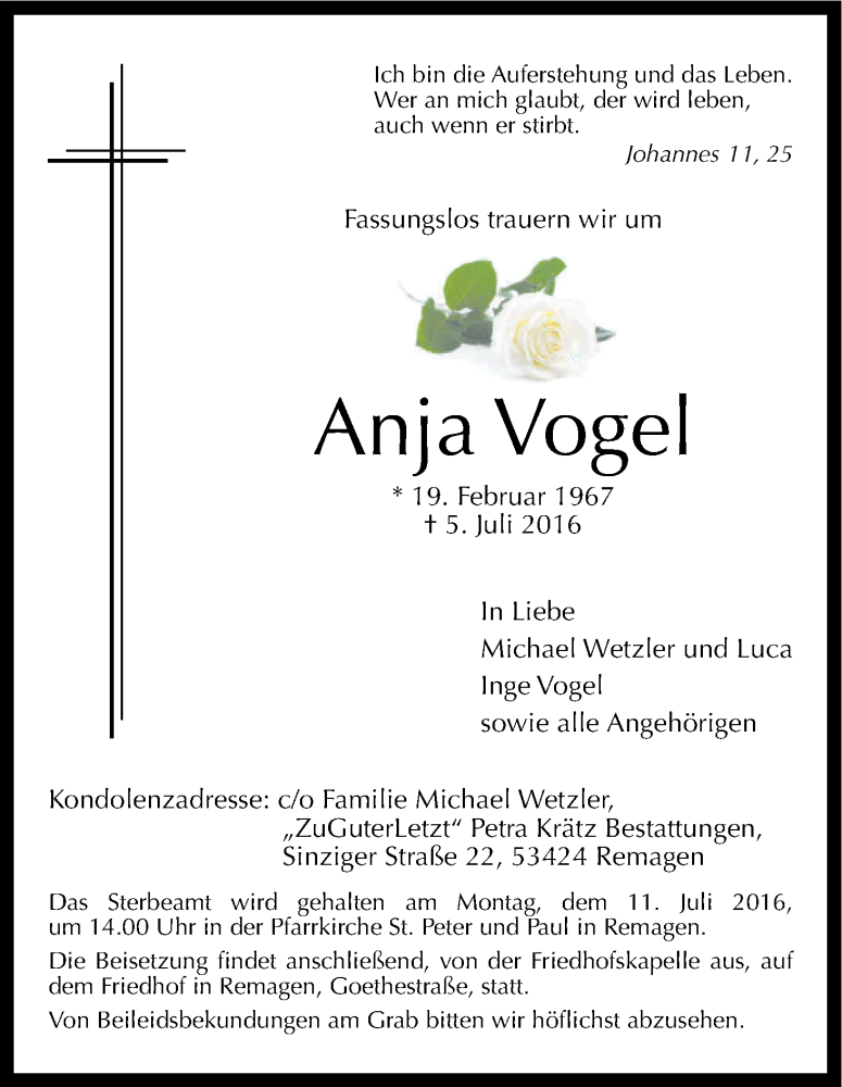  Traueranzeige für Anja Vogel vom 09.07.2016 aus Kölner Stadt-Anzeiger / Kölnische Rundschau / Express