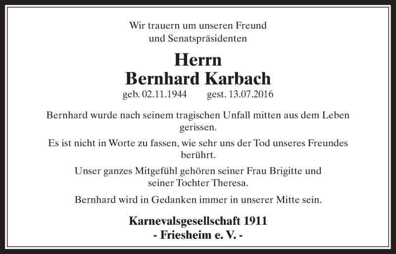  Traueranzeige für Bernhard Karbach vom 27.07.2016 aus  Werbepost 
