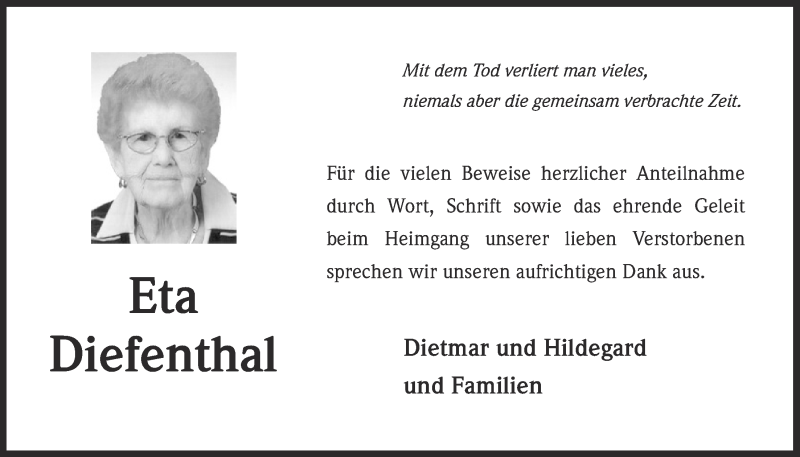  Traueranzeige für Eta Diefenthal vom 30.07.2016 aus  Blickpunkt Euskirchen 