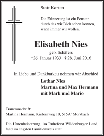 Anzeige von Elisabeth Nies von  Lokalanzeiger 