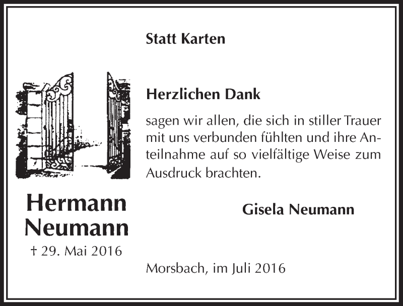  Traueranzeige für Hermann Neumann vom 20.07.2016 aus  Lokalanzeiger 