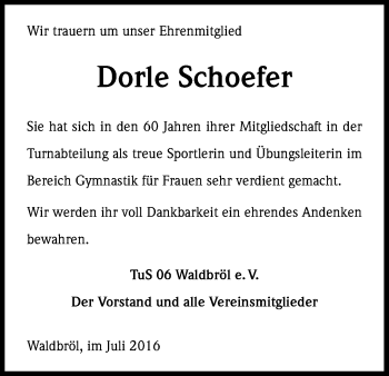 Anzeige von Dorle Schoefer von Kölner Stadt-Anzeiger / Kölnische Rundschau / Express