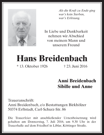 Anzeige von Hans Breidenbach von  Werbepost 