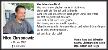Anzeige von Nico Chrzonowiz von  Bergisches Sonntagsblatt 