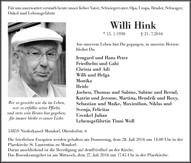  Traueranzeige für Willi Hink vom 27.07.2016 aus  Extra Blatt 