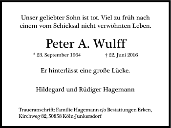 Anzeige von Peter A. Wulff von Kölner Stadt-Anzeiger / Kölnische Rundschau / Express