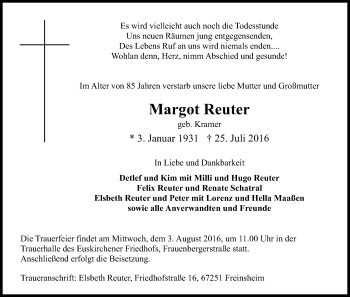 Anzeige von Margot Reuter von Kölner Stadt-Anzeiger / Kölnische Rundschau / Express