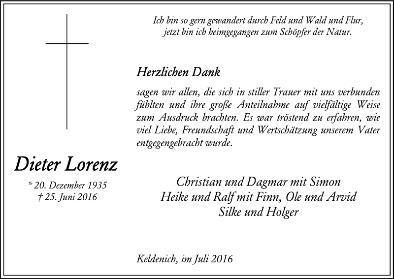  Traueranzeige für Dieter Lorenz vom 16.07.2016 aus Kölner Stadt-Anzeiger / Kölnische Rundschau / Express