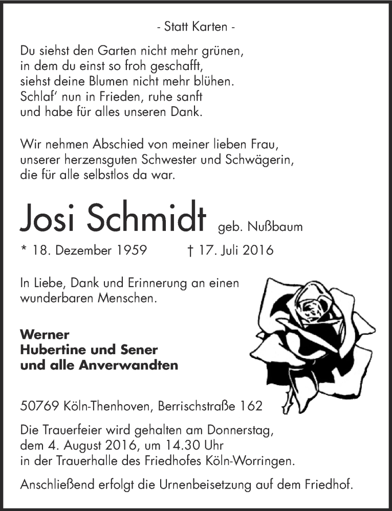  Traueranzeige für Josi Schmidt vom 27.07.2016 aus  Kölner Wochenspiegel 