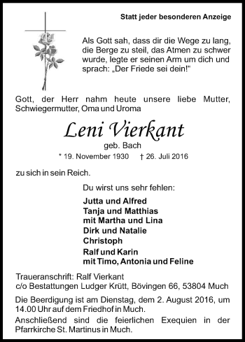 Anzeige von Leni Vierkant von Kölner Stadt-Anzeiger / Kölnische Rundschau / Express