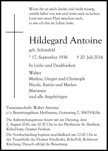 Anzeige von Hildegard Antoine von Kölner Stadt-Anzeiger / Kölnische Rundschau / Express