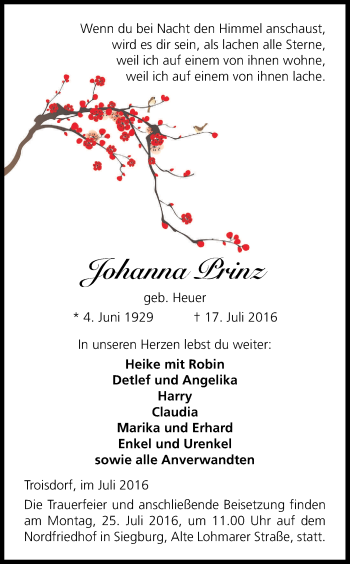 Anzeige von Johanna Prinz von Kölner Stadt-Anzeiger / Kölnische Rundschau / Express