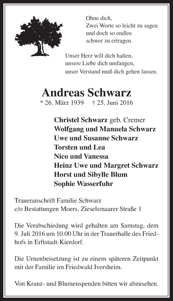  Traueranzeige für Andreas Schwarz vom 06.07.2016 aus  Wochenende  Werbepost 