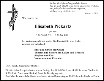 Anzeige von Elisabeth Pickartz von Kölner Stadt-Anzeiger / Kölnische Rundschau / Express