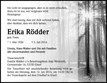 Anzeige von Erika Rödder von Kölner Stadt-Anzeiger / Kölnische Rundschau / Express