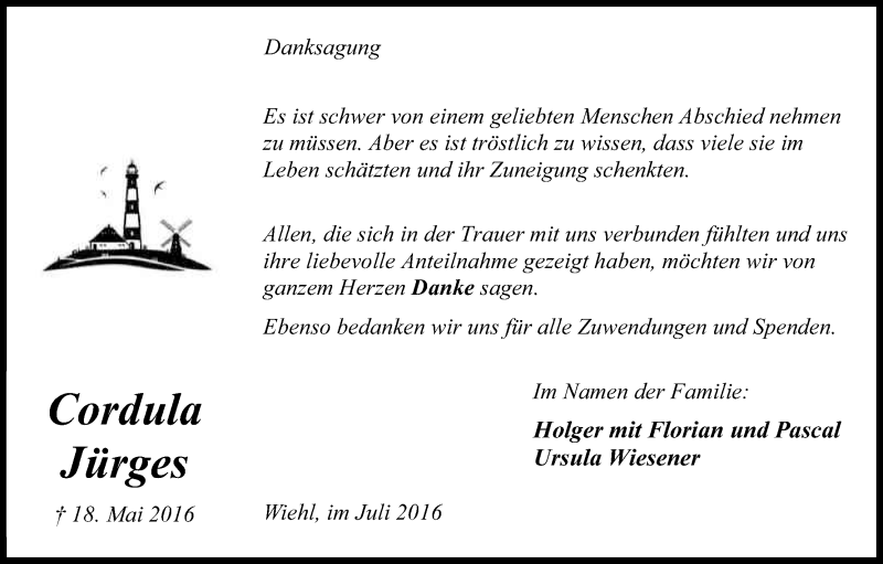  Traueranzeige für Cordula Jürges vom 16.07.2016 aus Kölner Stadt-Anzeiger / Kölnische Rundschau / Express