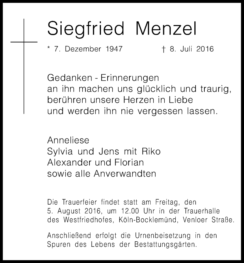  Traueranzeige für Siegfried Menzel vom 29.07.2016 aus Kölner Stadt-Anzeiger / Kölnische Rundschau / Express